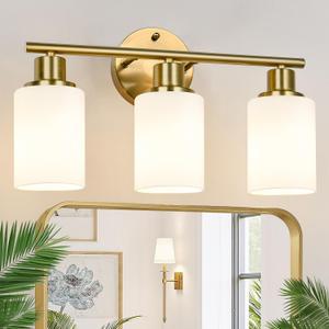 3-Light Bathroom Light Fixtures, Brushed Gold Vanity Light, Farmhouse Wall Lights with Milky White Frosted Glass Shades, Bathroom Wall Lamp for Mirror Kitchen Bedroom Hallway Living Room