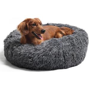 Round Calming Dog Beds for Medium Dogs 30 Inches Anti-Slip Donut Washable Plush Faux Fur Pet Bed fits up to 45 lbs Pets,Dark Gray