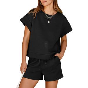 Dokotoo Women's 2 Piece Outfits Sweatsuit Casual Short Sleeve Pullover Tops and Drawstring Shorts Pants Lounge Sets (Black, M)