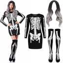 Tatuo Women Halloween Skeleton Costume Set Fun Midi Dress Stockings Silver Gray Curly Long Wig for Halloween Cosplay Party, XL