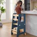 WOOD CITY Kitchen Step Stool - Safe Montessori Standing Tower for Kids with Safety Rail, Height Adjustable Toddler Ideal Helper for Learning New Skills, Anti-Slip Protection for Bathroom - Deep Blue