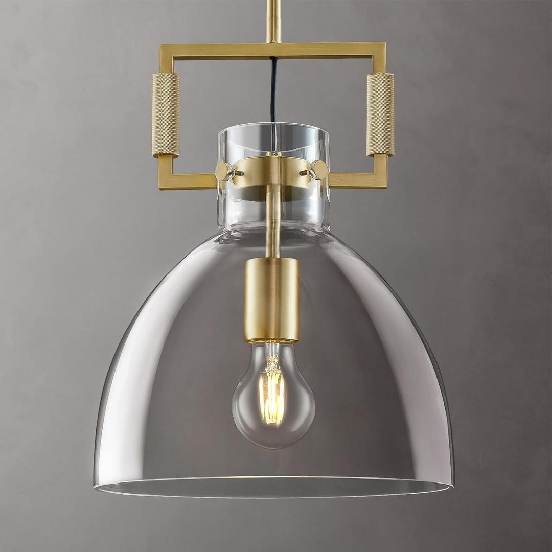 10 Inch Knurled Large Brass Blown Glass Modern Kitchen Island Pendant Light Fixtures,1 Light Island Pendant Lighting,Single Pendant Light,for Foyer, Entryway, and Dining, Includes Two Bulbs