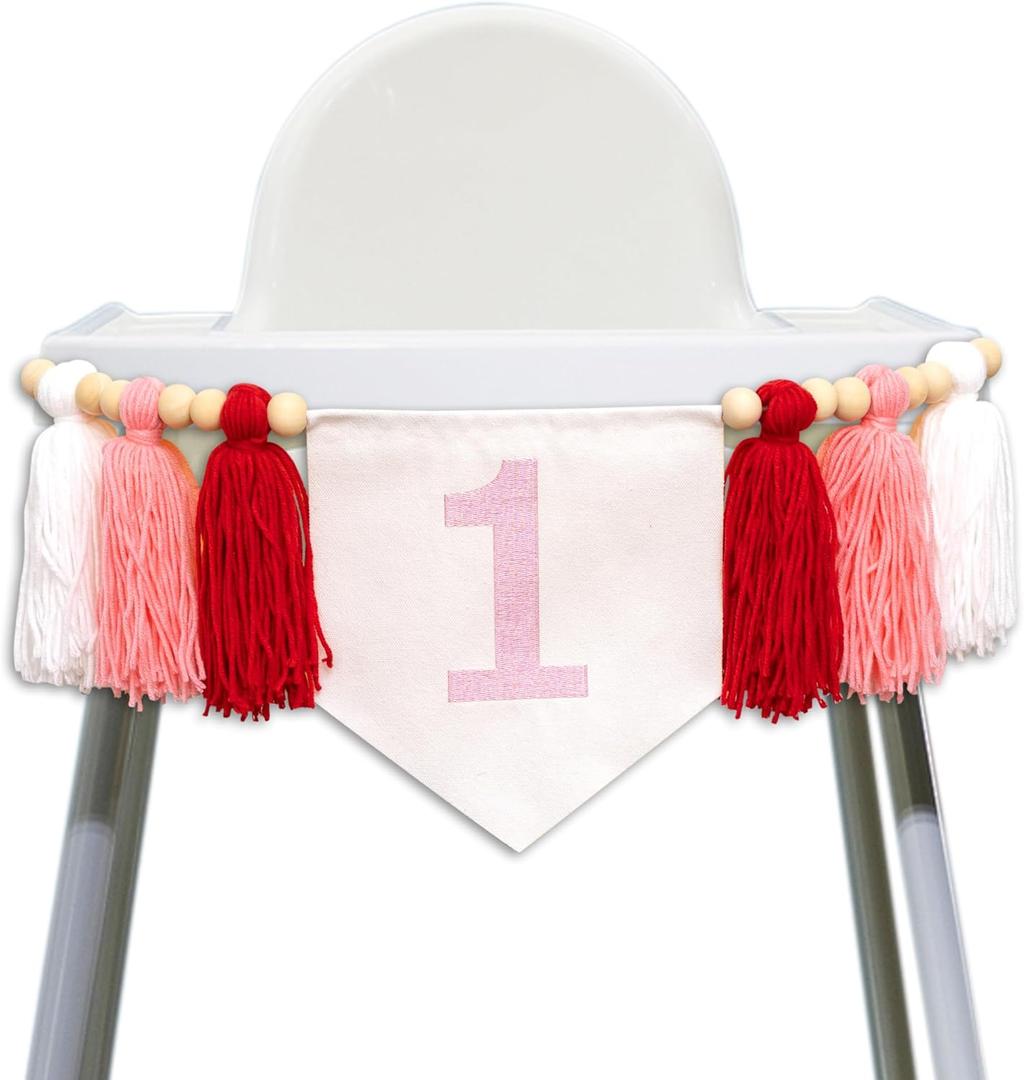 1st Birthday Pink High Chair Banner - Strawberry Watermelon Cherry Theme First Birthday Party Decoration Supplies Banner, Boho Tassels High Chair Garland, Pink Red and White Sign Tassels Garland