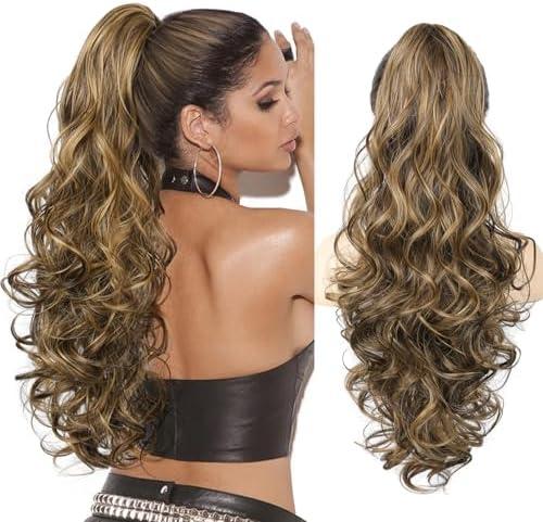 LONAI Ponytail Extension for Women, 26 Inch Claw Clip Ponytail Extensions Wavy Curly Pony Tail Clip in Hair Natural Looking Synthetic Hairpiece for Daily Wear （Chocolate Brown with Medium Blonde