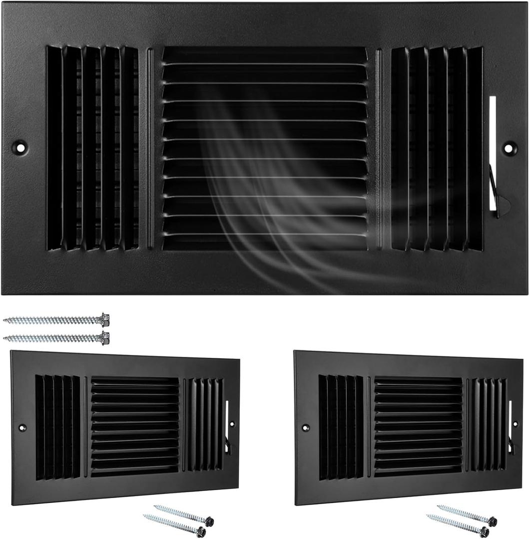 Wesiti 2 Pcs 12 x 6 Inch Vent Covers for Home Ceiling HVAC Sidewall Air Register 3 Way Vents Wall Register Solid Steel Manual Adjuster for Home Bathroom Toilet Office (Black)