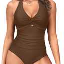 Tummy Control One Piece Swimsuits - Women Halter Bathing Suit 2025 Twist Front Cut Out Full Coverage Swimwear (X-Large, Brown)