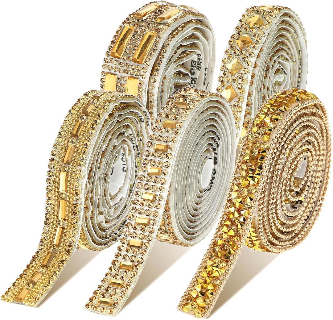 Telooco Rhinestone Tape Self-Adhesive Strips - 5 Rolls Bling Diamond Ribbons in 5 Styles - Gold Roll for DIY Phone, Car, Hat Band Decorations