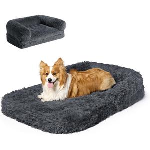 EHEYCIGA Foldable XL Dog Bed, Faux Fur Fluffy Pet Couch Bed for Large Dogs, Orthopedic Calming Memory Foam Big Pet Bed, Washable Soft Pet Sofa Bed with Non-Slip Bottom, Dark Grey, 46"x34"x6.5"
