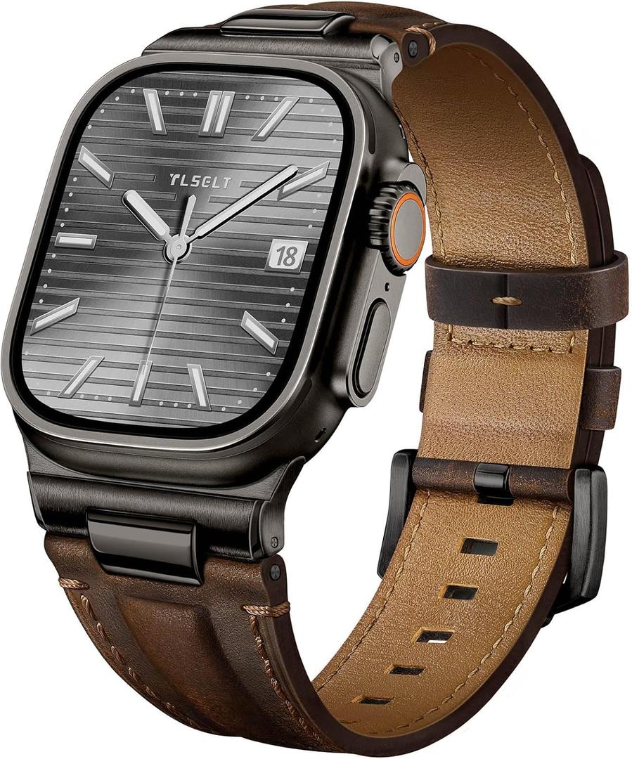 Leather Band for Apple Watch Ultra 3/Ultra 2 Bands 49mm 46mm 45mm 44mm, Top Genuine Leather Designer Replacement Strap for iWatch Ultra 3 2 1 SE series 11 10 9 8 7 6 5 4 3 (Black - Classic Retro Walnut)