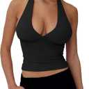 Women's Deep V Neck Halter Tie Back Tank Top Sleeveless Slim Fitted Summer Crop Top, Size: M