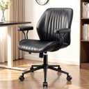 Leather Office Chair with Removable Armrests, Mid Back Ergonomic Desk Chair with Lumbar Support, Adjustable Height Rocking Swivel Executive Chair for Home Office, Black