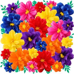 Geyee 80 Pcs Mexican Giant Paper Flowers Leaves Set, 48 Pcs Large Mexico Tissue Paper Flowers and 32 Green Leaves for Mexican Party Wedding Archway Fiesta Birthday Decoration 20" 10''