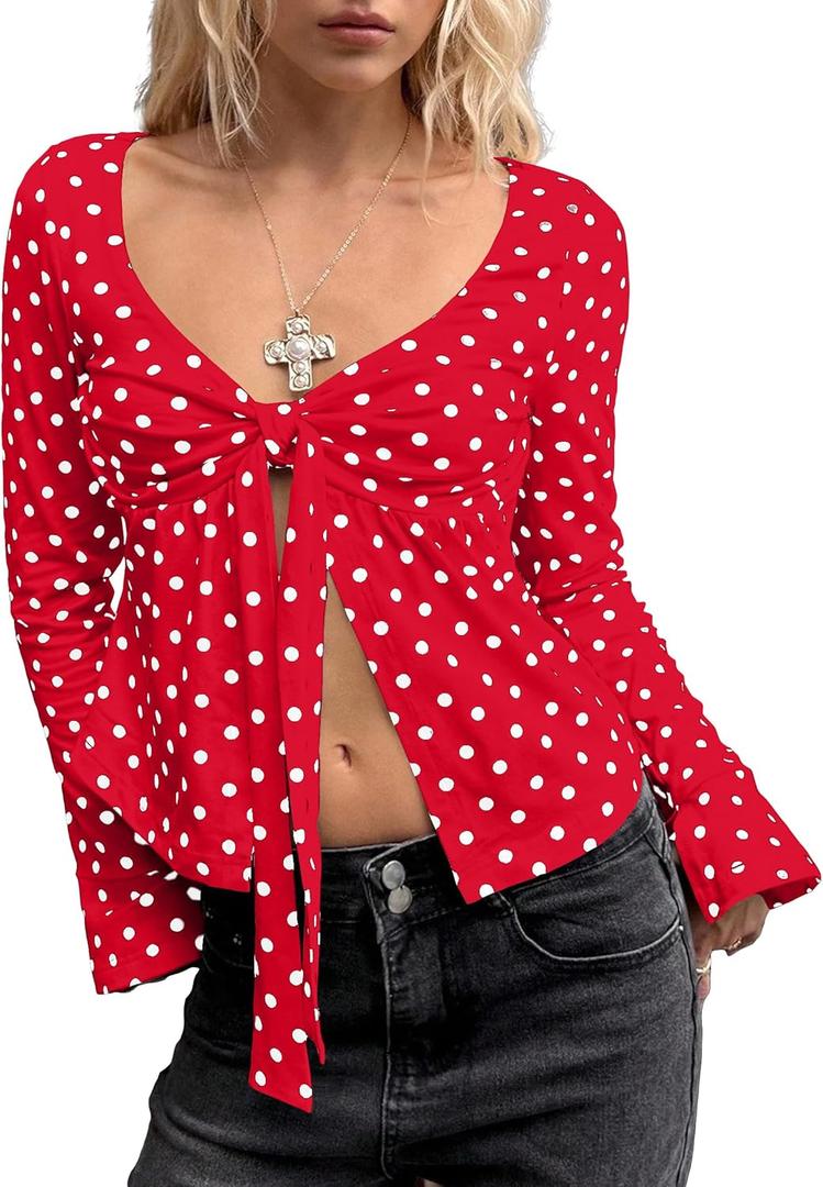Women Y2k Polka Dot Bow Tie Front Split Hem Peplum Crop Tops Coquette Sweetheart V Neck Long Sleeve Fall Shirts (Red, S)