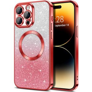Hython for iPhone 14 Pro Case Clear Magnetic Glitter Phone Cases [Compatible with MagSafe] Full Camera Lens Protector Slim Gradient Sparkle Luxury Plating Shockproof Protective Cover Women, Red