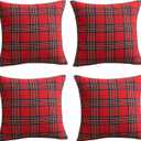 Softalker Christmas Pillow Cover 18x18 Set of 4 - Red Tartan Checkered Throw Pillow Cover, Farmhouse Buffalo Plaid Xmas Decorative Cushion Case for Couch Sofa, Christmas Holiday Decor