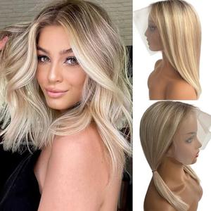 Smartinnov Highlight Lace Front Bob Wigs for Women Balayage Human Hair Pre Plucked Ombre 613 Blonde Mixed Light Brown Colored Wigs 16 Inch 13x6 HD Lace Front Blonde Pre Plucked Remy Hair Bob