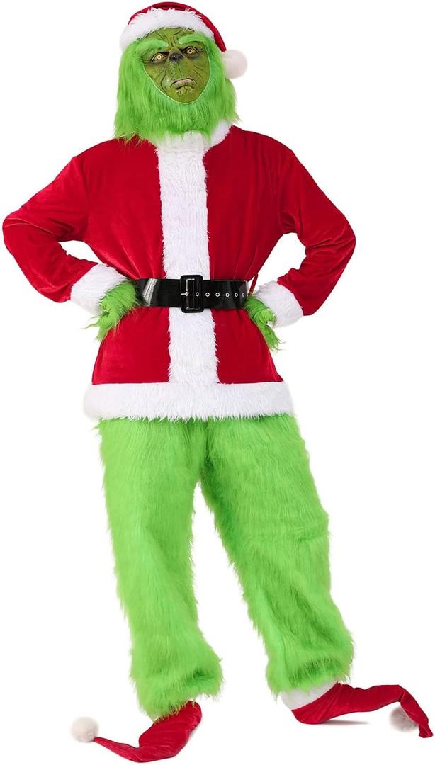 Christmas Green Costume for Men 7 Pcs Furry Adult Santa Claus Costume Mask Santa Suit