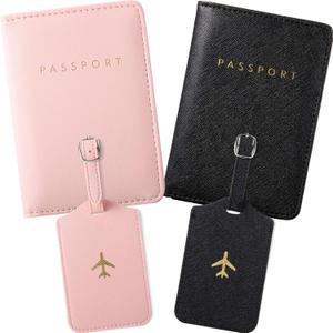 2 Set Passport Covers Holder and Luggage Tags Leather Travel Passport Wallets Holder Luggage Tags for Mr and Mrs Gift(Pink, Black)