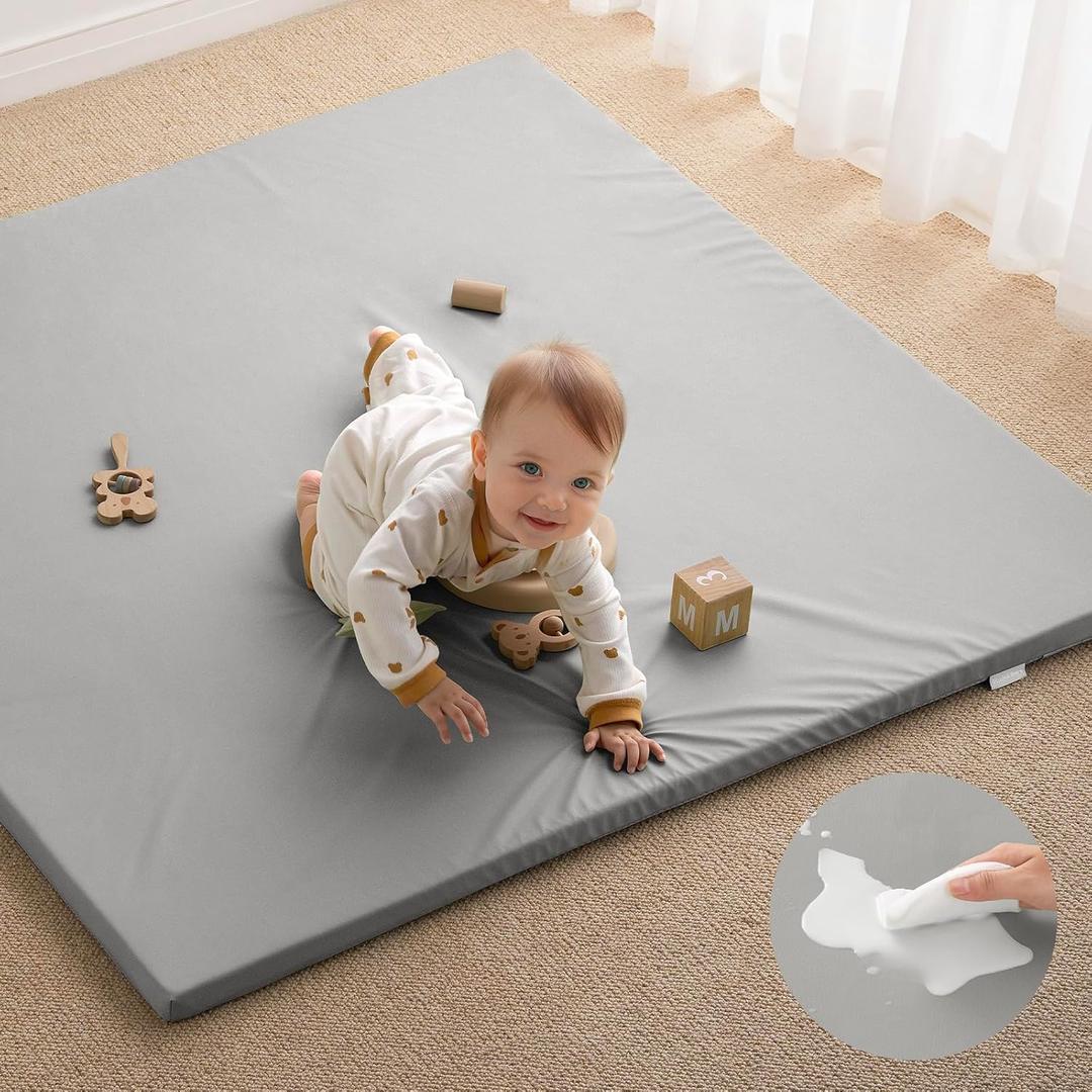 Blissful Diary Vegan Leather Baby Play Mat, 50x50 Thick Foam Cushioned & Waterproof Playpen Mat for Infants and Toddlers, Stylish and Just Wipe-Clean Playmat for Baby Play on Floor,  Light Gray
