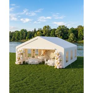 20x20 FT Outdoor Party Wedding Event Canopy Tent, Galvanized Steel Frame Shelter with Mesh Screen & Roll-Up Double Doors, Waterproof PE Cover, Removable Sidewalls and Windows