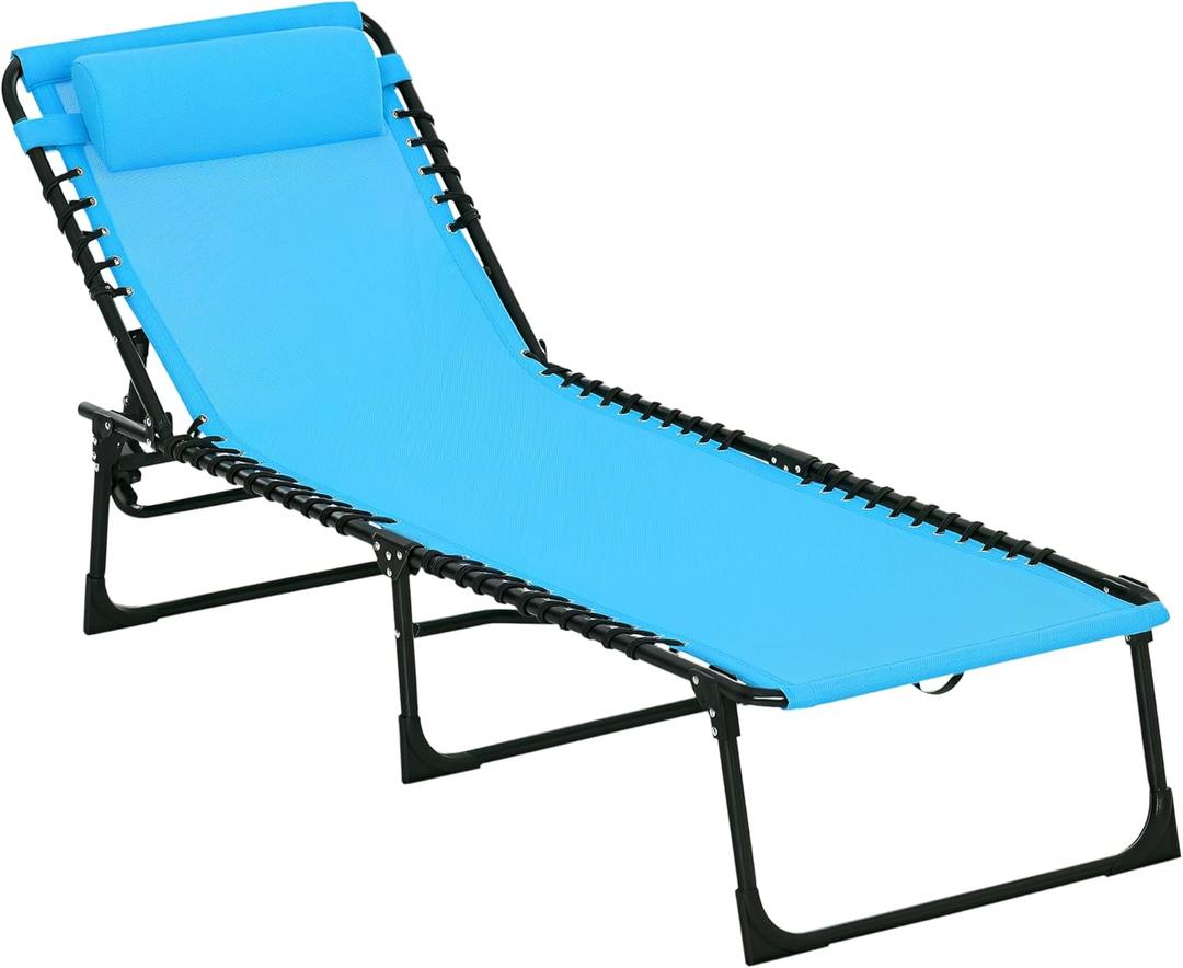 Outsunny Folding Chaise Lounge Chair, Patio Sun Tanning Chair, Outdoor Chaise Lounger with 4-Position Reclining Back, Breathable Mesh Seat for Beach, Poolside, Yard, Blue (1 Pack)