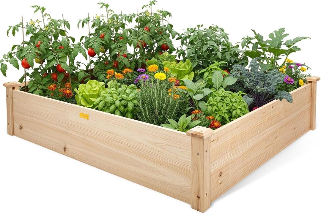 Hollyone 48" X 48" inches Wood Raised Garden Bed Frame Planters Wooden Elevated Planting Planter Box for Outdoor Herb Vegetables Flowers Grass Lawn Yard Patio - Natural 44ft
