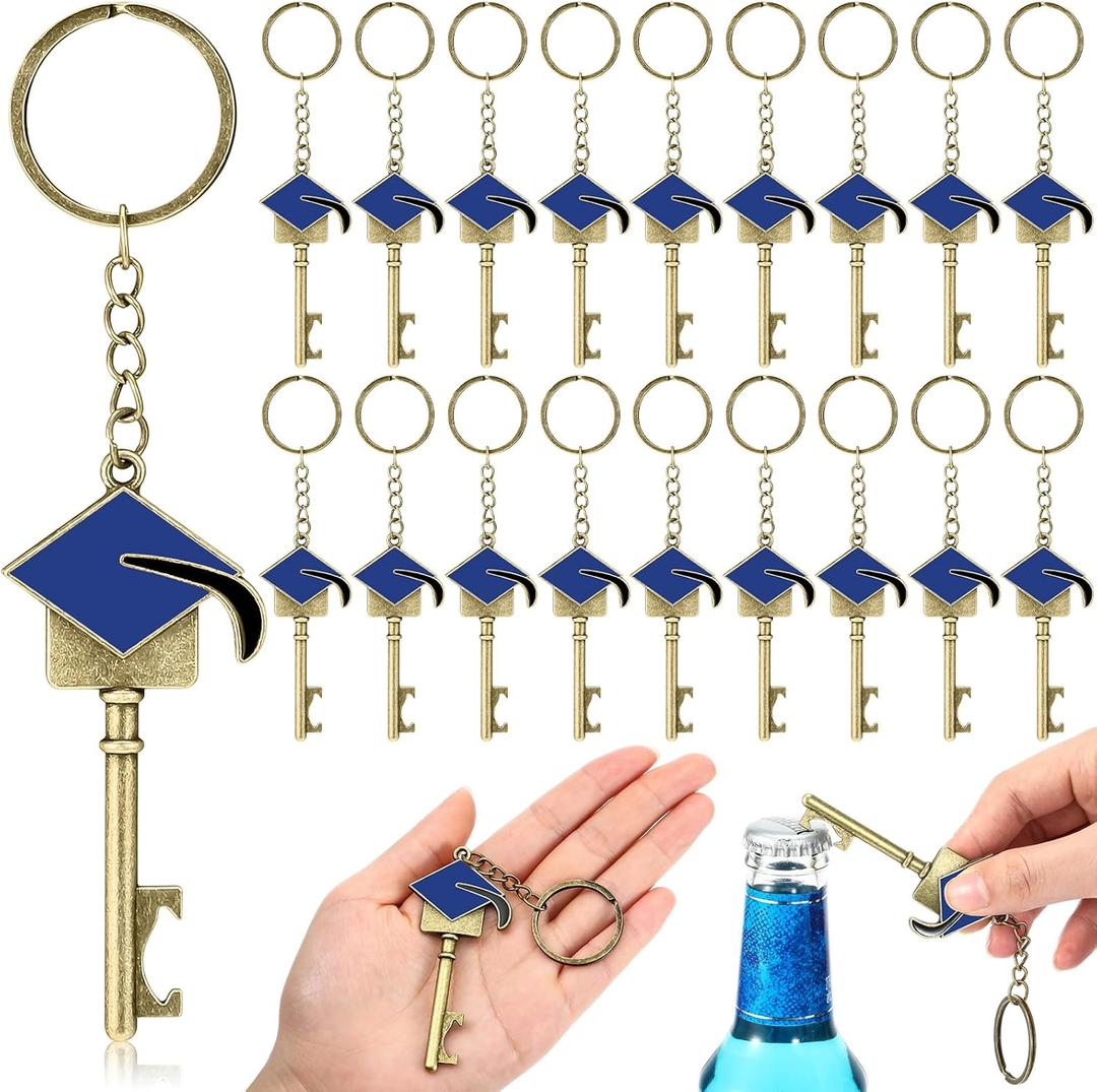 24 Pcs Graduation Party Favor for Guest 2025 Graduation Keychain Bronze Cap Bottle Opener Class of 2025 College Celebration Party Supplies (Blue)