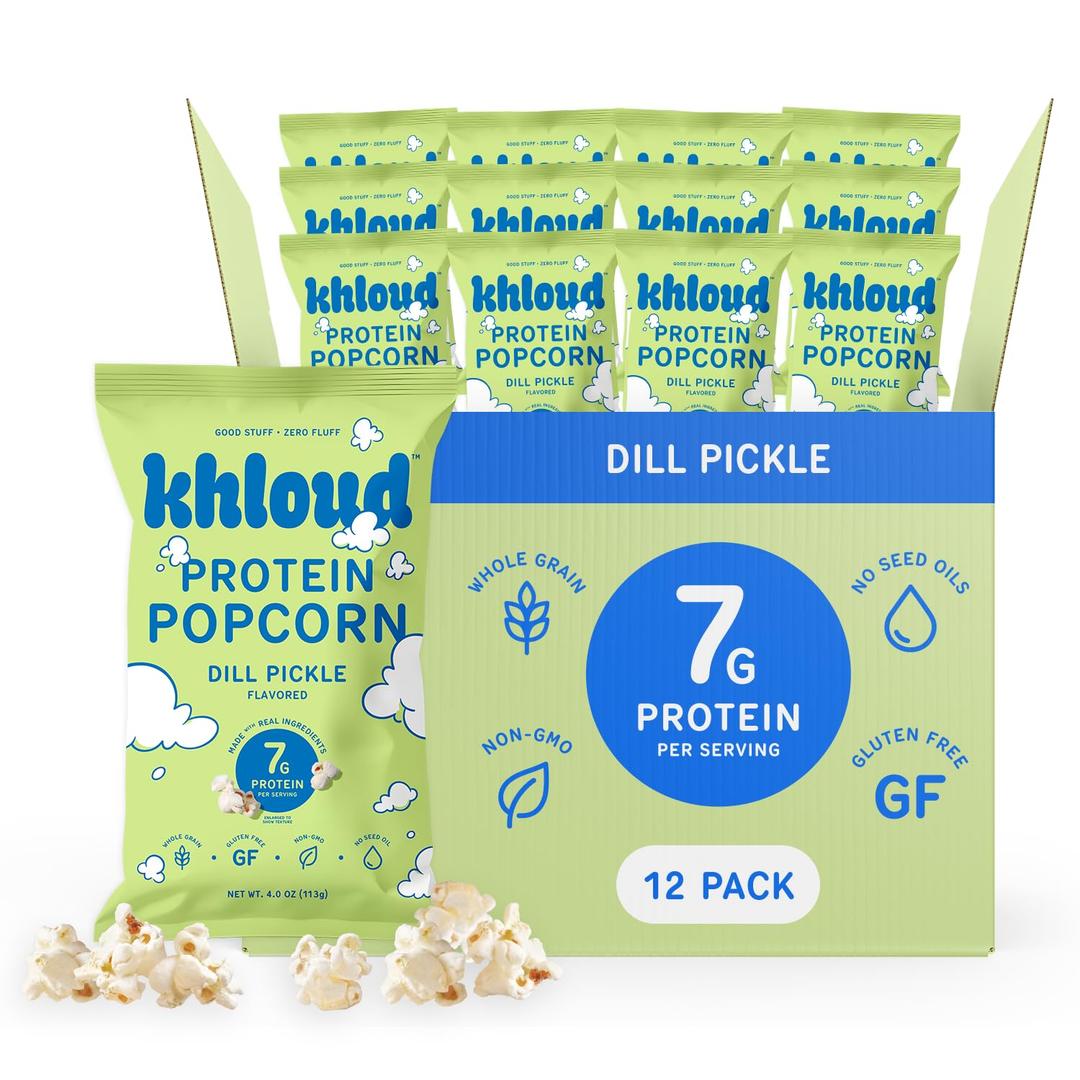 Khloud Protein Popcorn - Dill Pickle - 7g Protein Snacks for Adults & Kids - Flavored Popcorn Made with Real Ingredients & Milk Protein Isolate - Non-GMO, Gluten-Free, Kosher - 4oz, 12pk BBd: 08-09-26