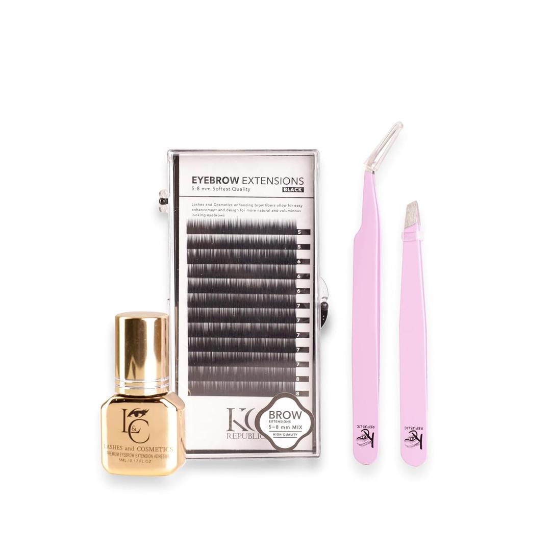 Lash Eyebrow Extensions Kit with 1 x Trays of Mink False Eyebrows in Black Comes on Mixed Length Trays 5-8 mm, Eyebrow Glue Clear & Dual Pack (Straight & Curved Tip) Extension Tweezers
