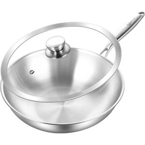 LOLYKITCH 12 Inch Tri-Ply Stainless Steel Wok Pan with Lid,Induction Stir-Fry Pan,Dishwasher and Oven Safe,Heavy Duty and Detachable Handle