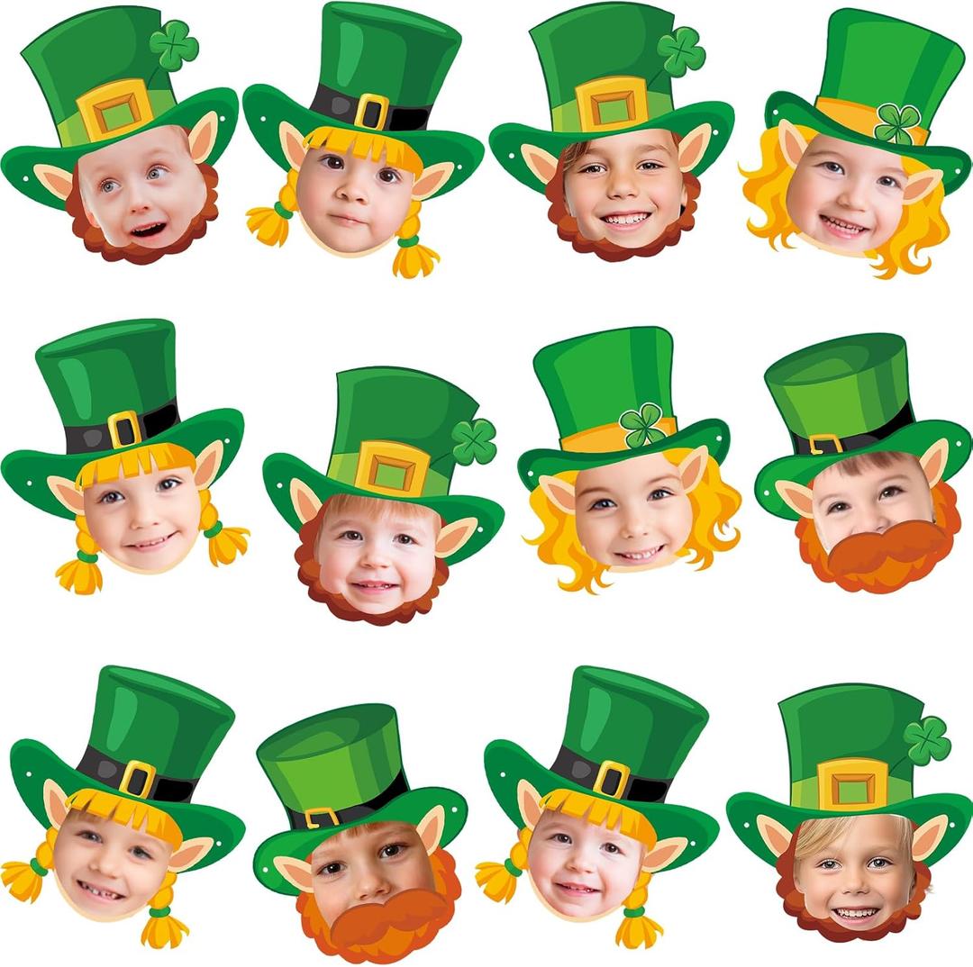 WorldBazaar St. Patricks Day Bulletin Board Decorations 24 Pack Leprechaun Hat and Beard Cutout Photo Booth Prop Green Irish Leprechaun Costume Masks Decor for Classroom Party Crafts