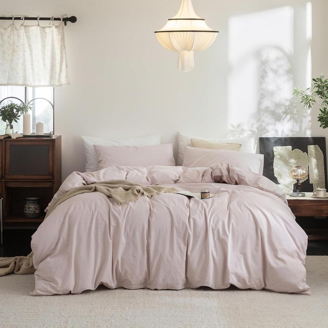 FOSSA Duvet Cover Set 100% Washed Cotton Linen Feel Super Soft Breathable Cozy 3 Pieces Bedding Sets Solid Greyish Pink Full/Double