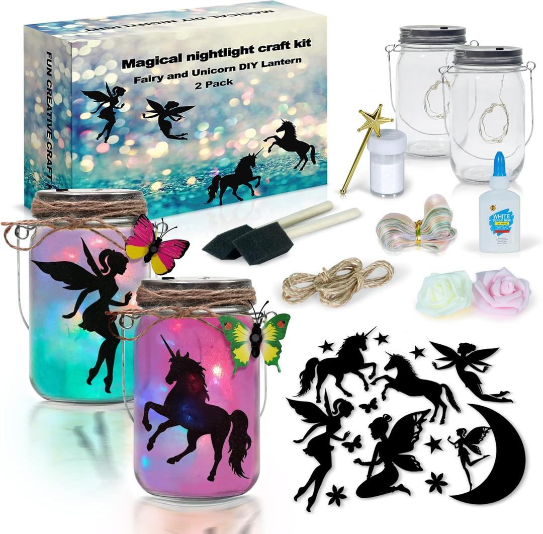 2Pepers DIY Fairy and Unicorn Nightlight Craft Kit (2 Pack), Fairy Lantern Jars Arts and Crafts for Girls, Make Your Own Unicorn Lamp Decor Craft Project, Gifts for Kids