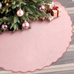 Pink Christmas Tree Skirt 48 Inches Neutral Velvet Christmas Tree Skirts Modern Scalloped Edge Xmas Decorations Minimalist Mat for Home Indoor Outdoor Holiday Party Decor