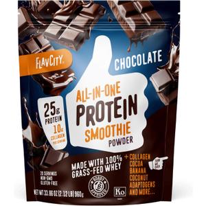FlavCity Chocolate All in One Protein Shake Powder - On the Go Meal Alternative + Collagen Peptides, Reishi & Cordyceps - Focus, Skin, Hair & Joint Support - 100% Grass Fed Whey, 20 Servings, BBD: 07/2027