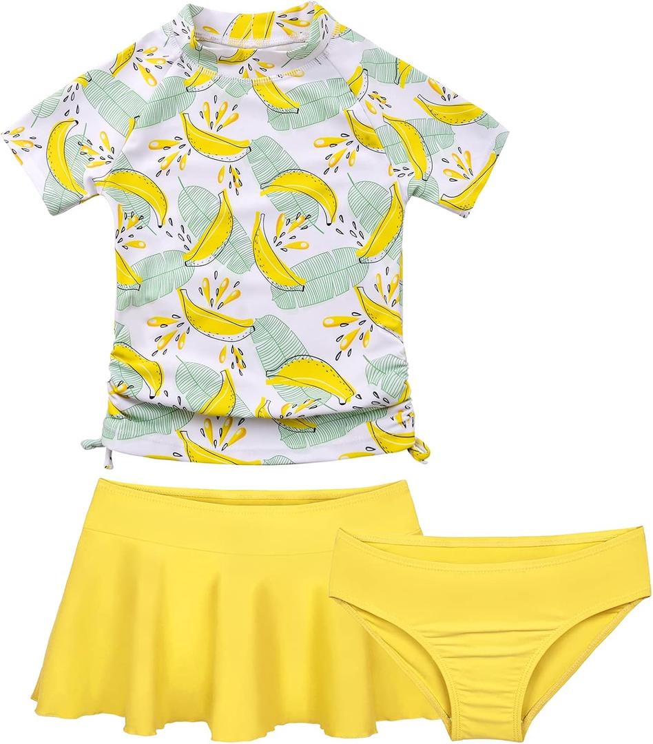Cadocado Girls Rash Guard Swimwear 3 Pieces Bathing Suit UPF 50+ Floral Swim Set Short Sleeve Swimsuit with Skirt (10 Years, Yellow)
