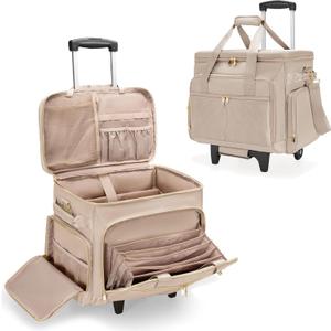 Rolling Teacher Bag with Wheels, Teacher Tote Bag with Detachable Trolley, Fits for 15.6" Laptop(Patent Design) (Light Tan)