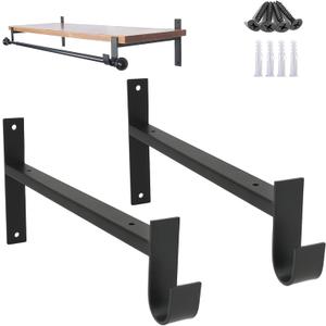 AddGrace Closet Rod Bracket Heavy Duty Shelf Brackets 12 Inch Black Wall Mounted Closet Rod Support with Pole Holder Industrial Iron Shelving Supports with Hook (2 Pack)