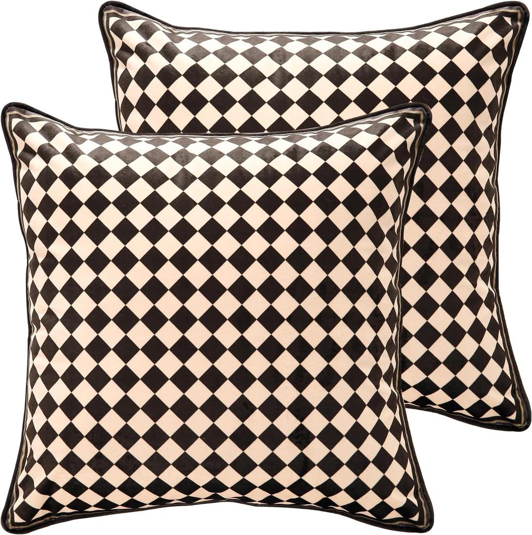 patdrea Designer Rectangle Animal Print Velvet Throw Pillow Cover 18x18 inches,Brown Yellow Checkered Pattern,Decorative Lumbar Pillowcases Cushion for Bed Living Room Outdoor Car,Pack of 2