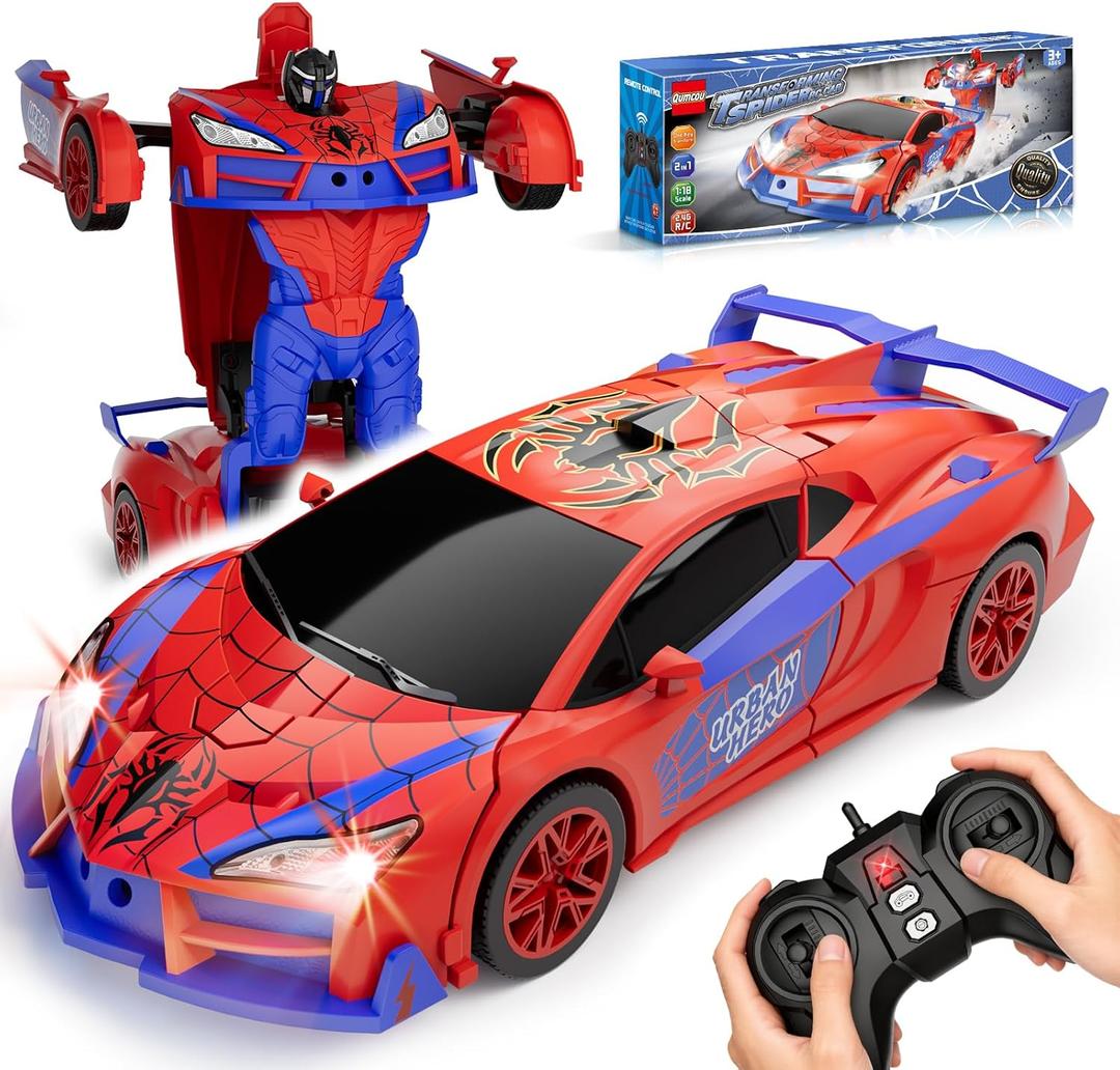 Qumcou Spider Toys for Boys 4-6, Remote Control Car, One-Button Transform Superhero Toys, 2.4Ghz RC Cars, 360 Spin,1:16 Scale, Shinning Red and Blue Light, Super Hero Toy Cars for Boys 3-8