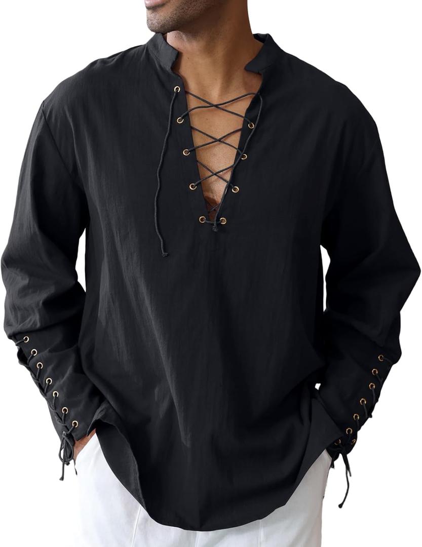 Men's Cotton Linen Shirt Drawstring Arm Banded Tops Medieval Viking Pirate Renaissance Halloween Costume (4X-Large, Black)