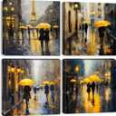 Abstract Paris Wall Art City Pictures Rainy Street Landscape Paintings Canvas Prints Yellow and Grey Wall Decor Eiffel Tower Cityscape Posters Artwork for Bedroom Living Room Home Decoration 12x12" 4P