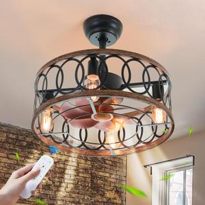 19" Industrial Caged Ceiling Fans with Light 4-Lights Farmhouse Flush Mount Fandelier Walnut Wood Metal Chandelier Fan Remote 6 Wind Speed Reversible for Bedroom Dining/Living Room Kitchen Entry