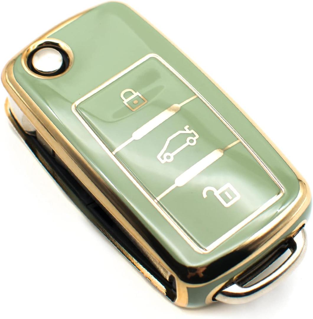 FEYOUN Key Fob Cover Compatible with VW Volkswagen Atlas Golf GTI Jetta Passat Tiguan Touareg Beetle Flip 3 Buttons TPU Remote Keyless Key Fob Case Protection Shell Accessories, Green