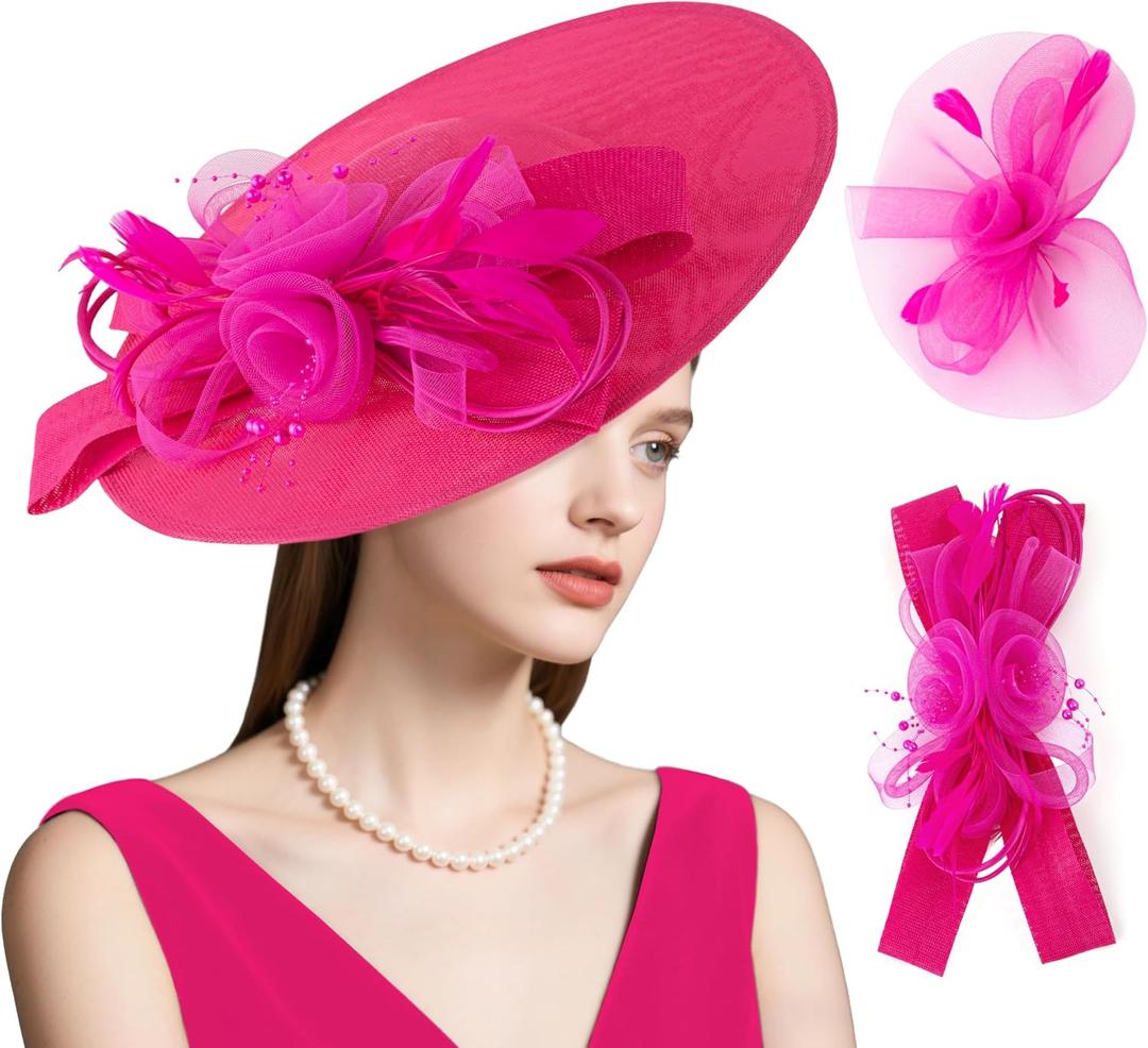 dressfan Wide Brim Fascinator Derby Hats for Women,20s Detachable Flower Hat with Headband for Derby Church Wedding Tea Party (Pink)