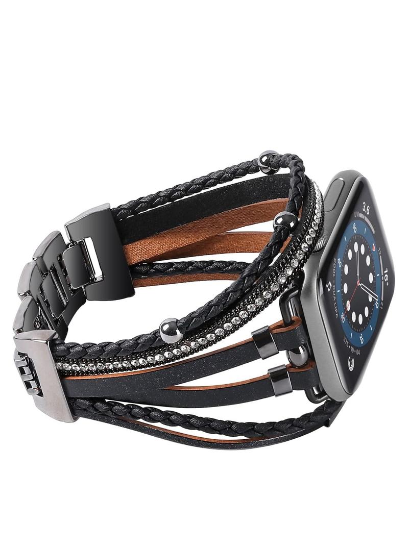 WONMILLE Posh Leather Bands Compatible with Apple Watch 41mm 40mm 38mm 45mm 44mm 42mm 49mm Women, Boho Bracelets Jewelry Multilayer Wrap Strap for iwatch Series Ultra 10 9 8 7 6 5 4 3 2 1 SE