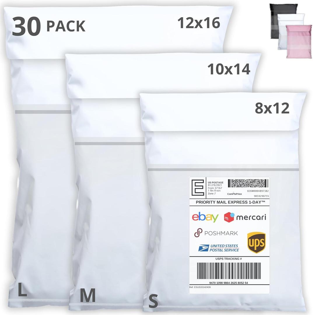 Shipping Bags (30 Pack) with Label Pouch - 8x12, 10x14 & 12x16 - Poly Mailers for Clothes, Self-Seal Plastic Mailing Envelopes - Tear & Water-Resistant Packaging Bags for Clothing, Not Padded