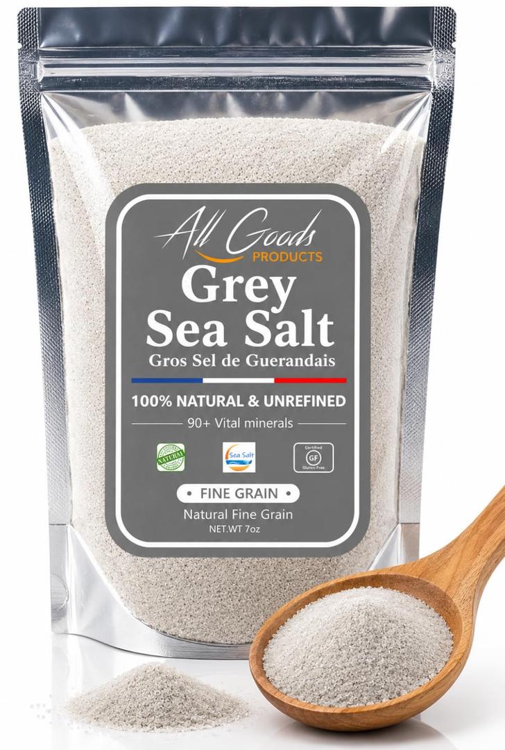 All Goods French Grey Salt Organic 82 Minerals Fine Ground - 7oz, French Gray, Hand-Harvested, Les Guérandais, Unrefined. Exp Jan 2030