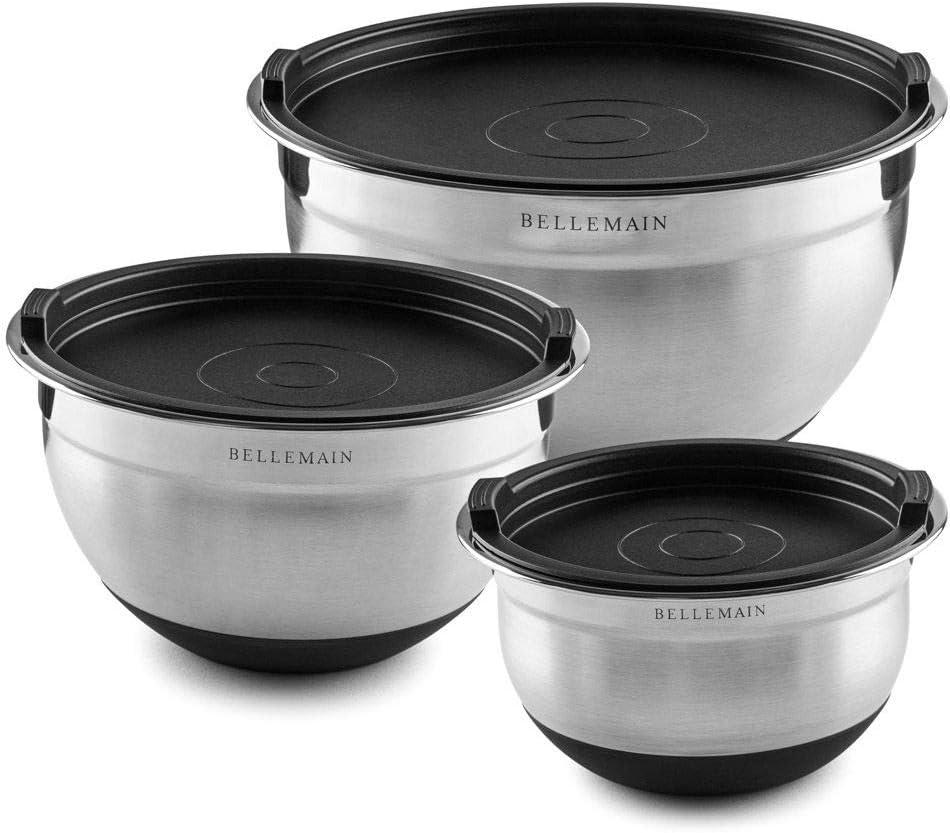 Bellemain Mixing Bowls with Lids Set - Stainless Steel Mixing Bowls with Airtight Lids - Food Storage Containers - 3PCS Set with Non-Slip Bottoms Kitchen Essentials for Baking - Serving (Silver/Black)