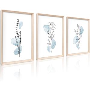 HesenDot Framed Blue Floral Canvas Wall Art, Minimalist Botanical Wall Art Decor, 12x16IN Wood High Framed Prints, Boho Flowers Artworks Prints Posters for Living Room, Kitchen, Bedroom Set of 3
